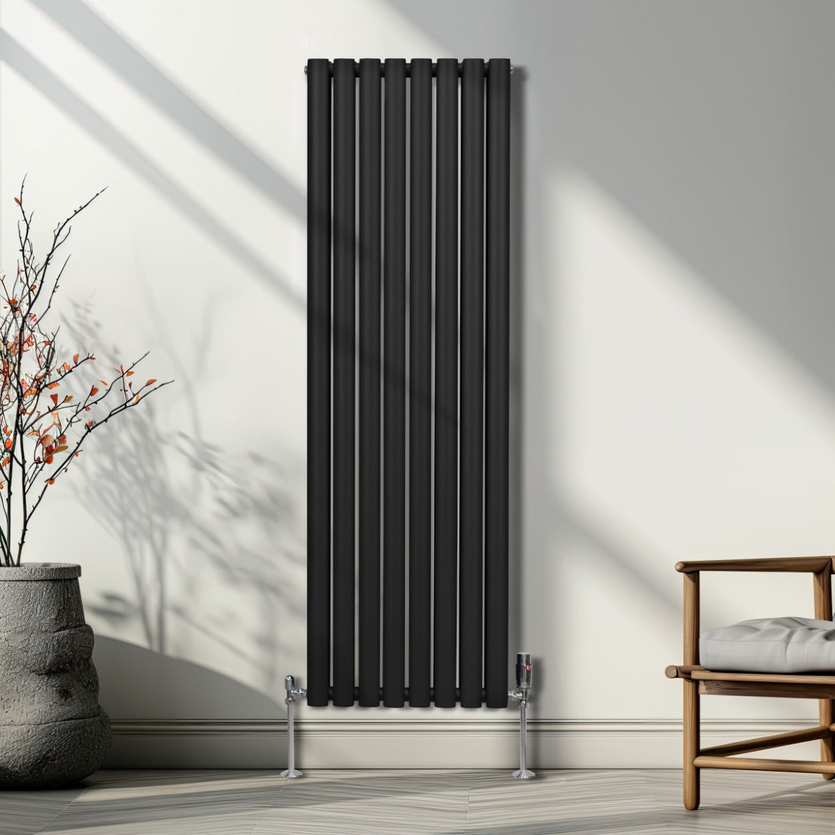 Oval Column Radiator & Valves - 1600mm x 480mm – Black - Used - Acceptable