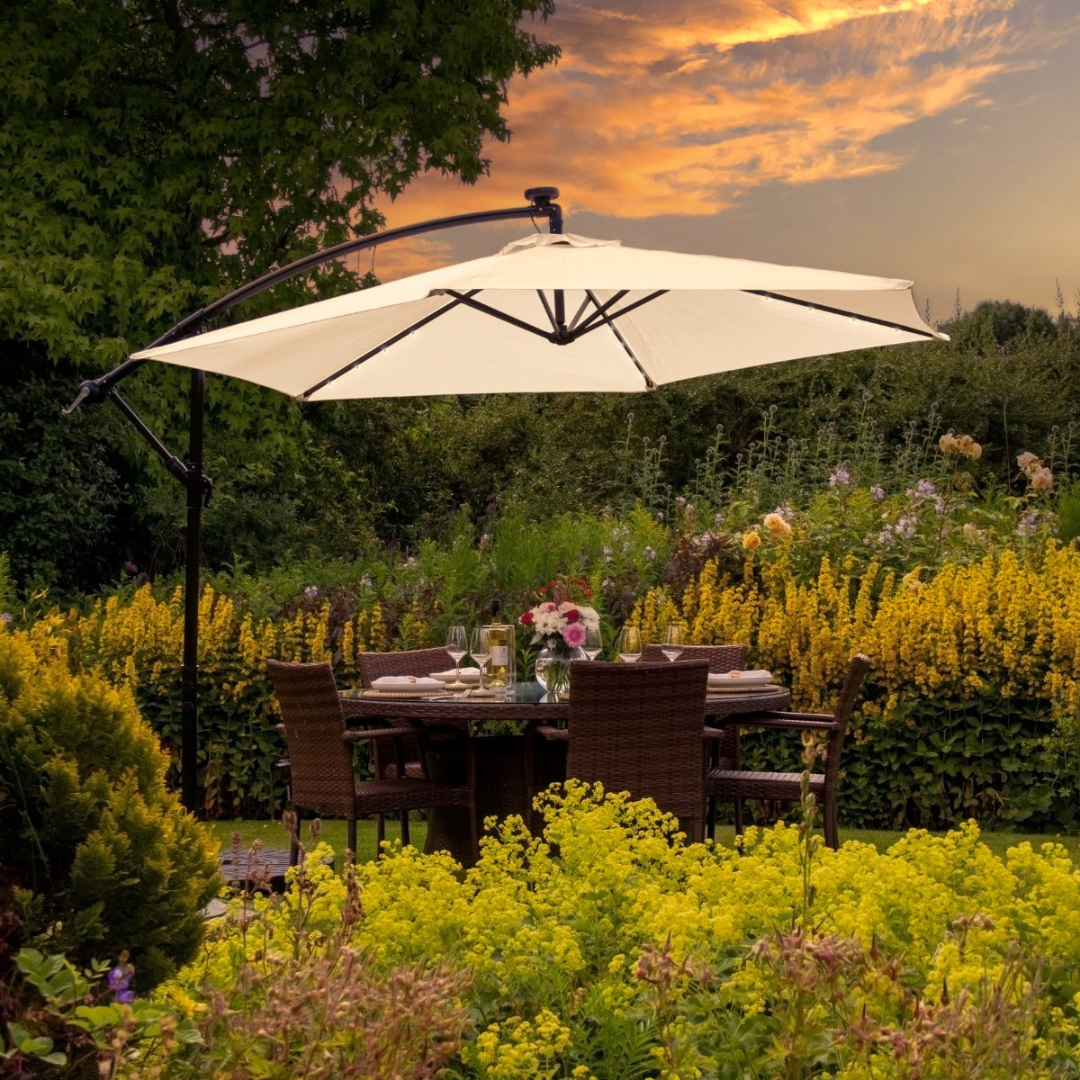 Beige 3m LED Cantilever Parasol With Plain Base - Used - Good