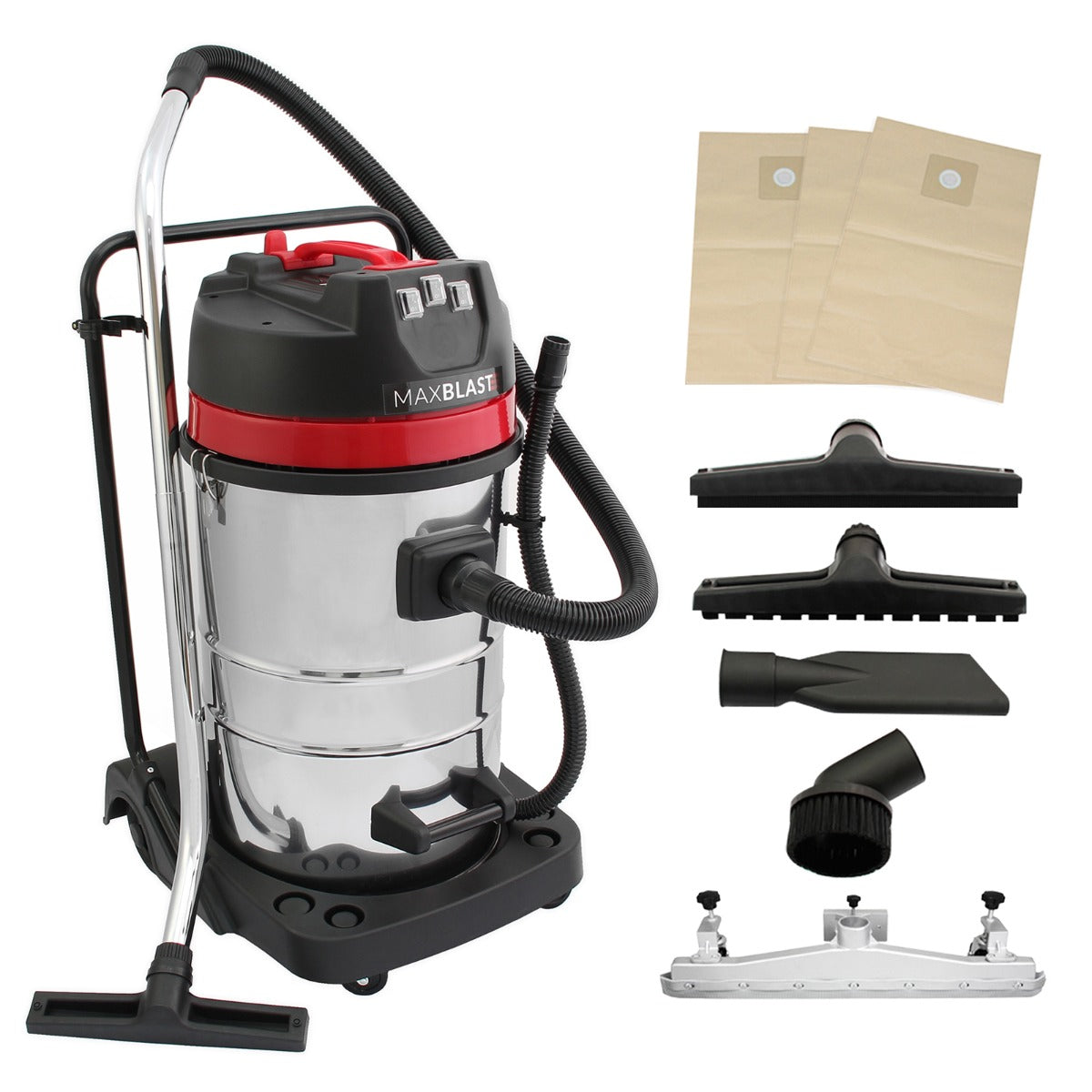 80L Industrial Vacuum, 5 Attachments & 3 Hoover Bags - Like New