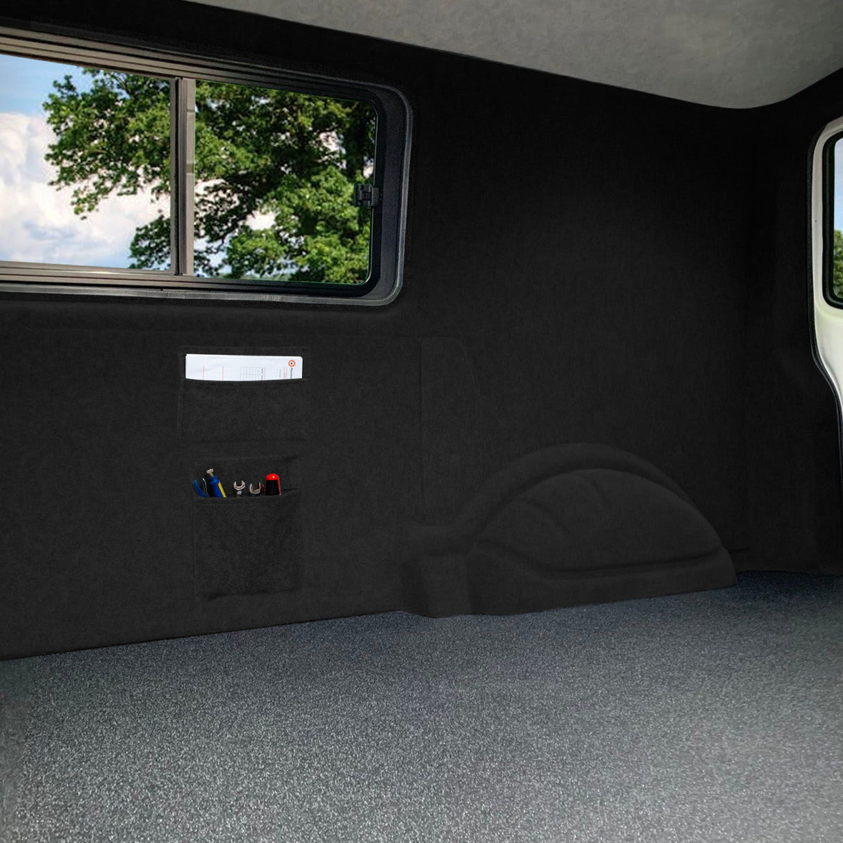 Black Van Carpet Lining, Storage Pouches & Adhesive Glue - Used - Acceptable