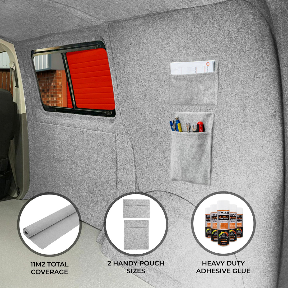 Silver Grey Van Carpet Lining, Storage Pouches & Adhesive Glue - Used - Acceptable
