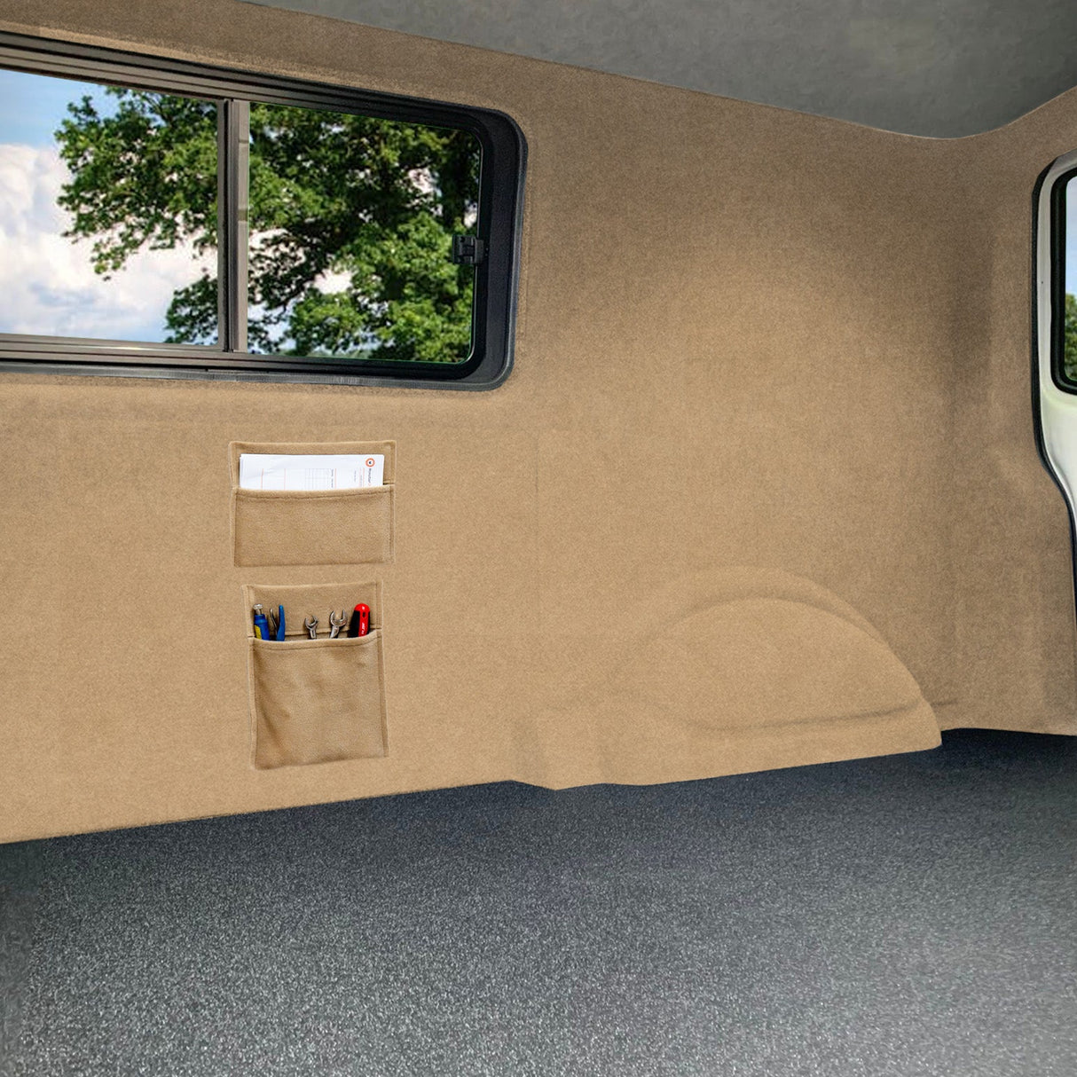 Beige Van Carpet Lining, Storage Pouches & Adhesive Glue - Like New