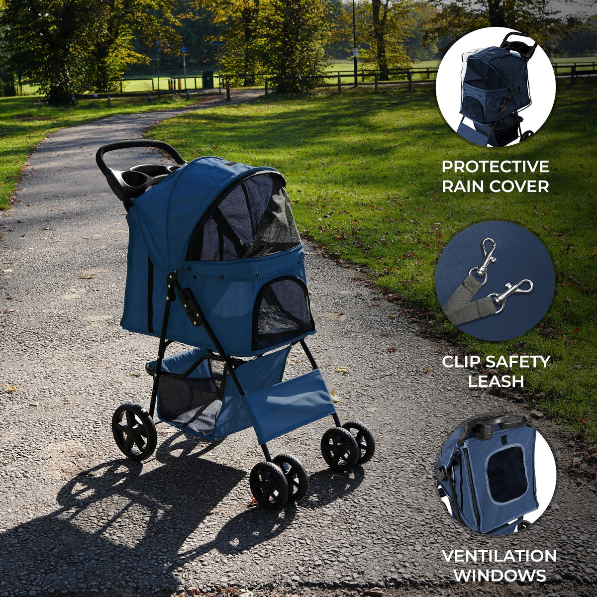 Pet Stroller with Rain Cover – Navy Blue - Used - Very Good
