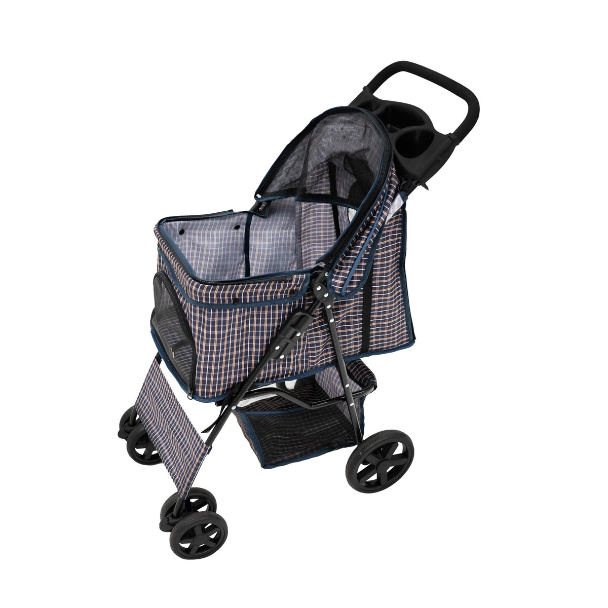 Pet Stroller with Rain Cover – Blue Tartan - Like New
