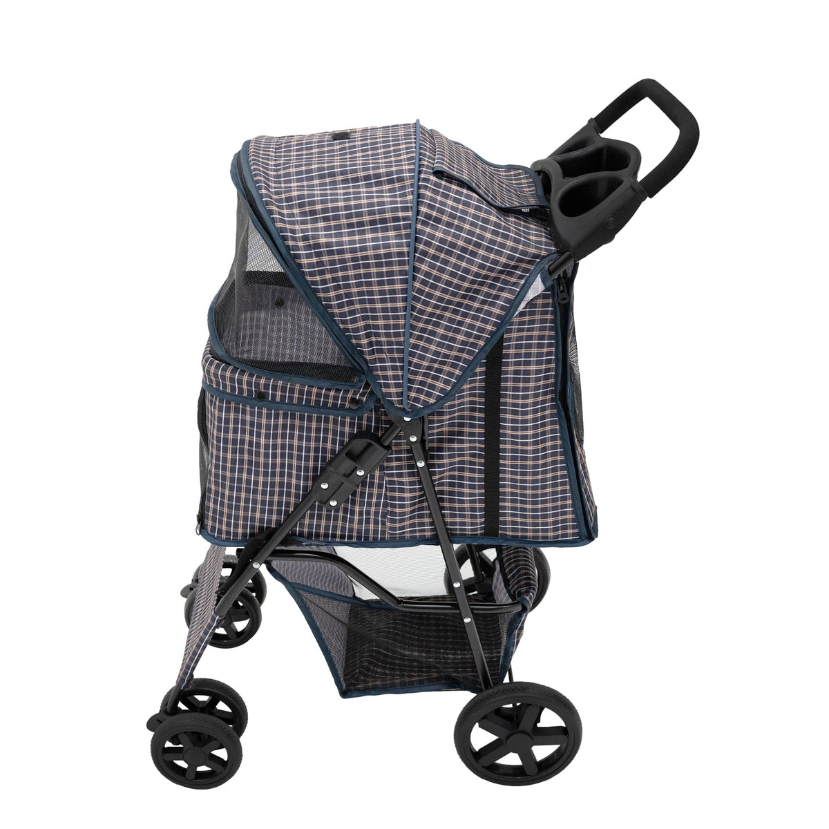 Pet Stroller with Rain Cover – Blue Tartan - Like New
