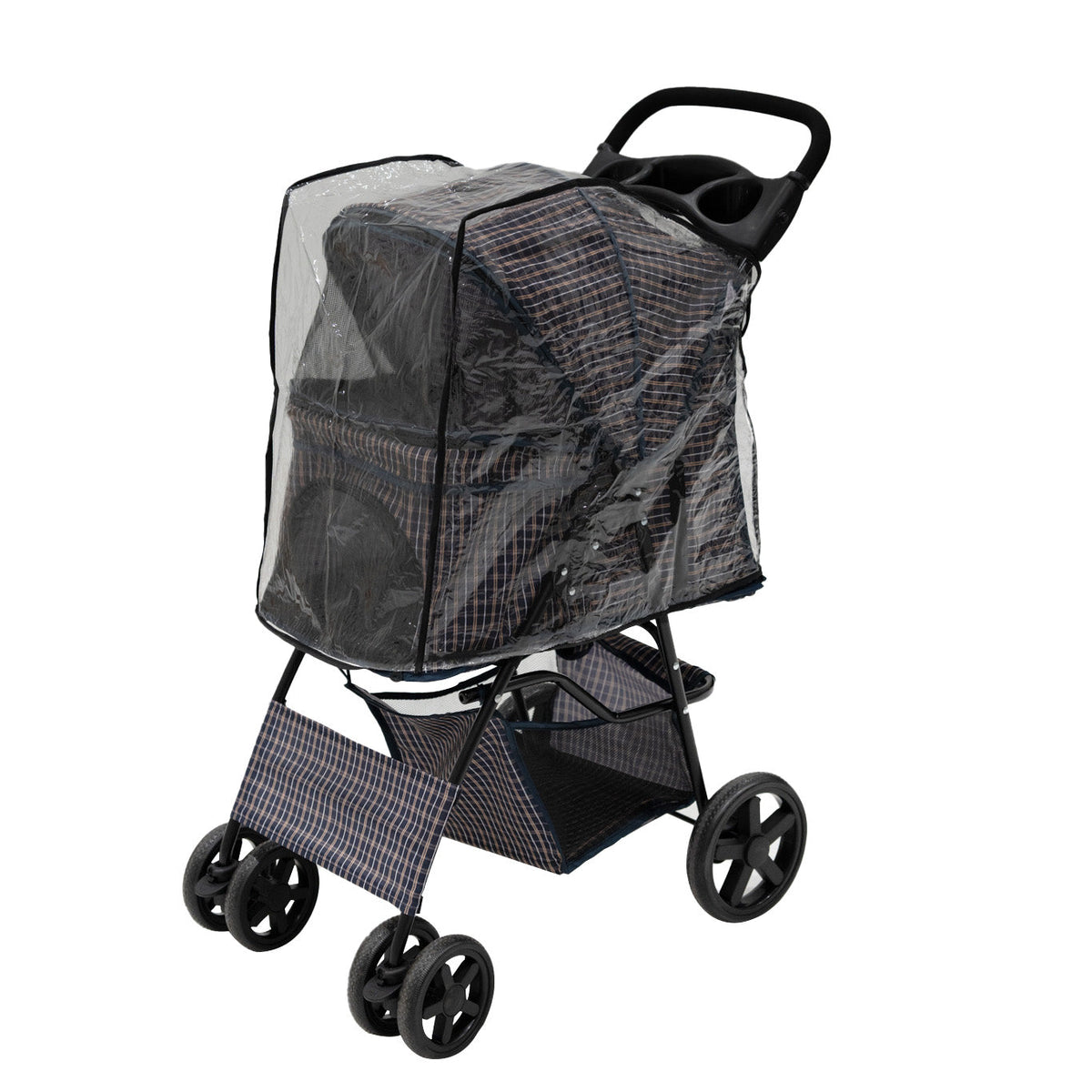 Pet Stroller with Rain Cover – Blue Tartan - Like New