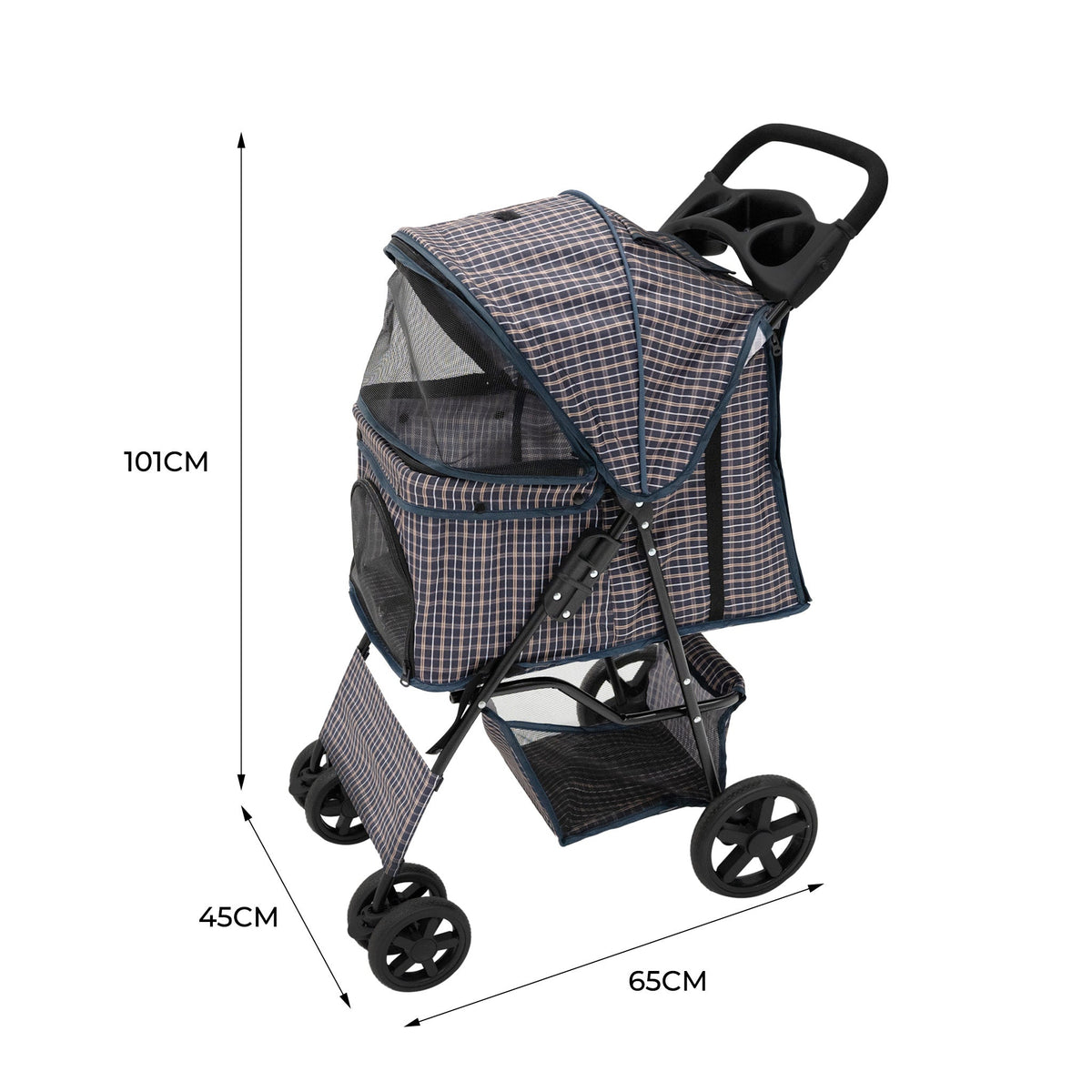 Pet Stroller with Rain Cover – Blue Tartan - Used - Good