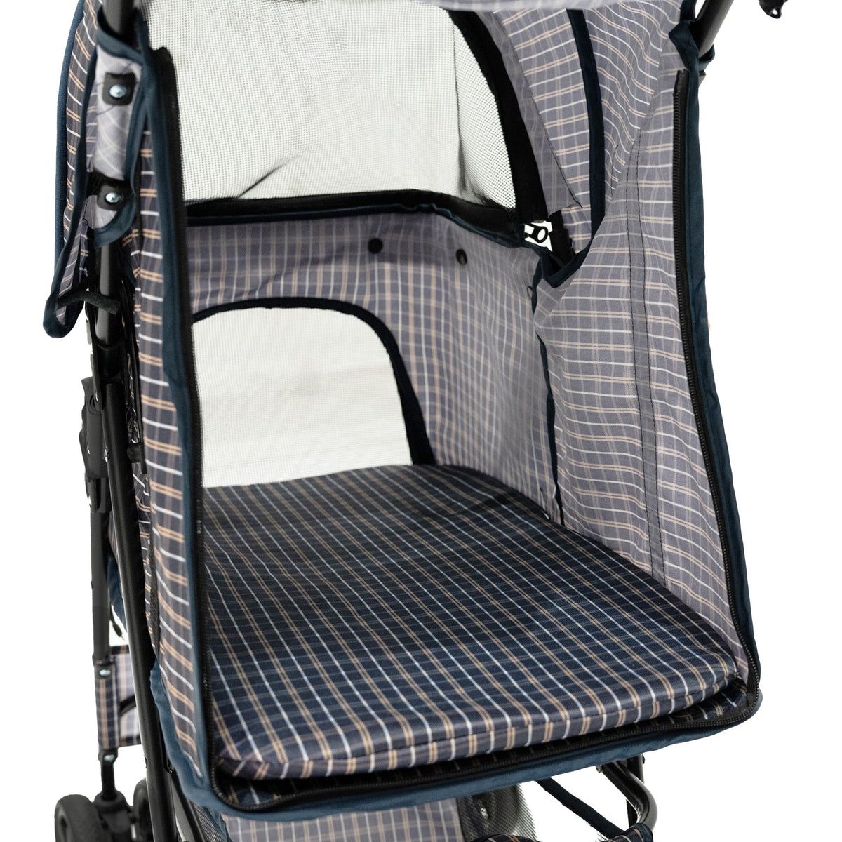 Pet Stroller with Rain Cover – Blue Tartan - Like New