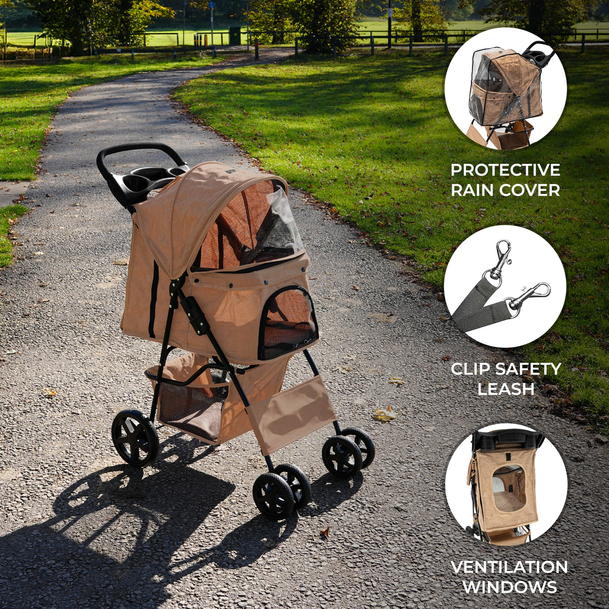 Pet Stroller with Rain Cover – Woven Beige - Used - Acceptable