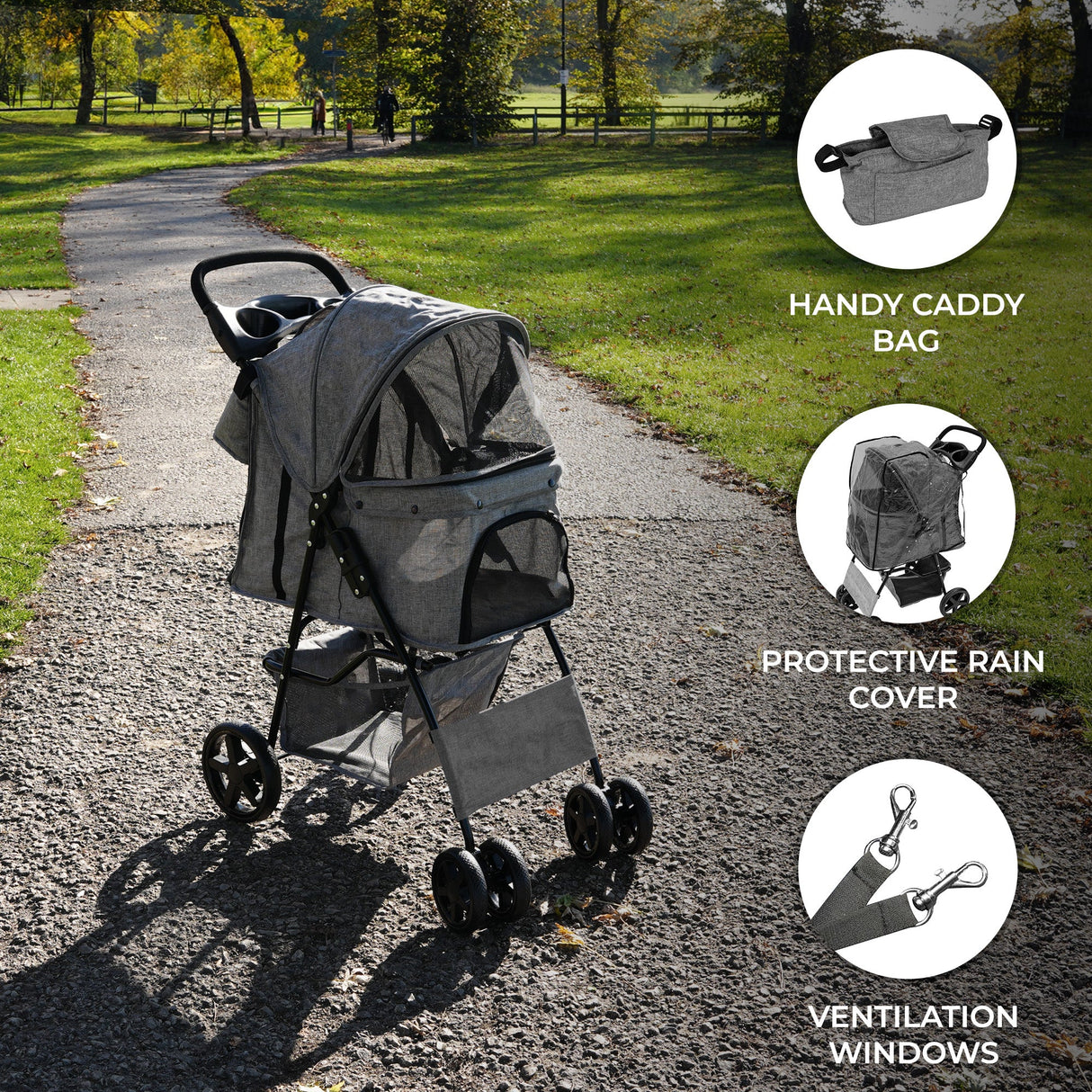 Pet Stroller with Rain Cover & Caddy Bag - Woven Grey - Like New