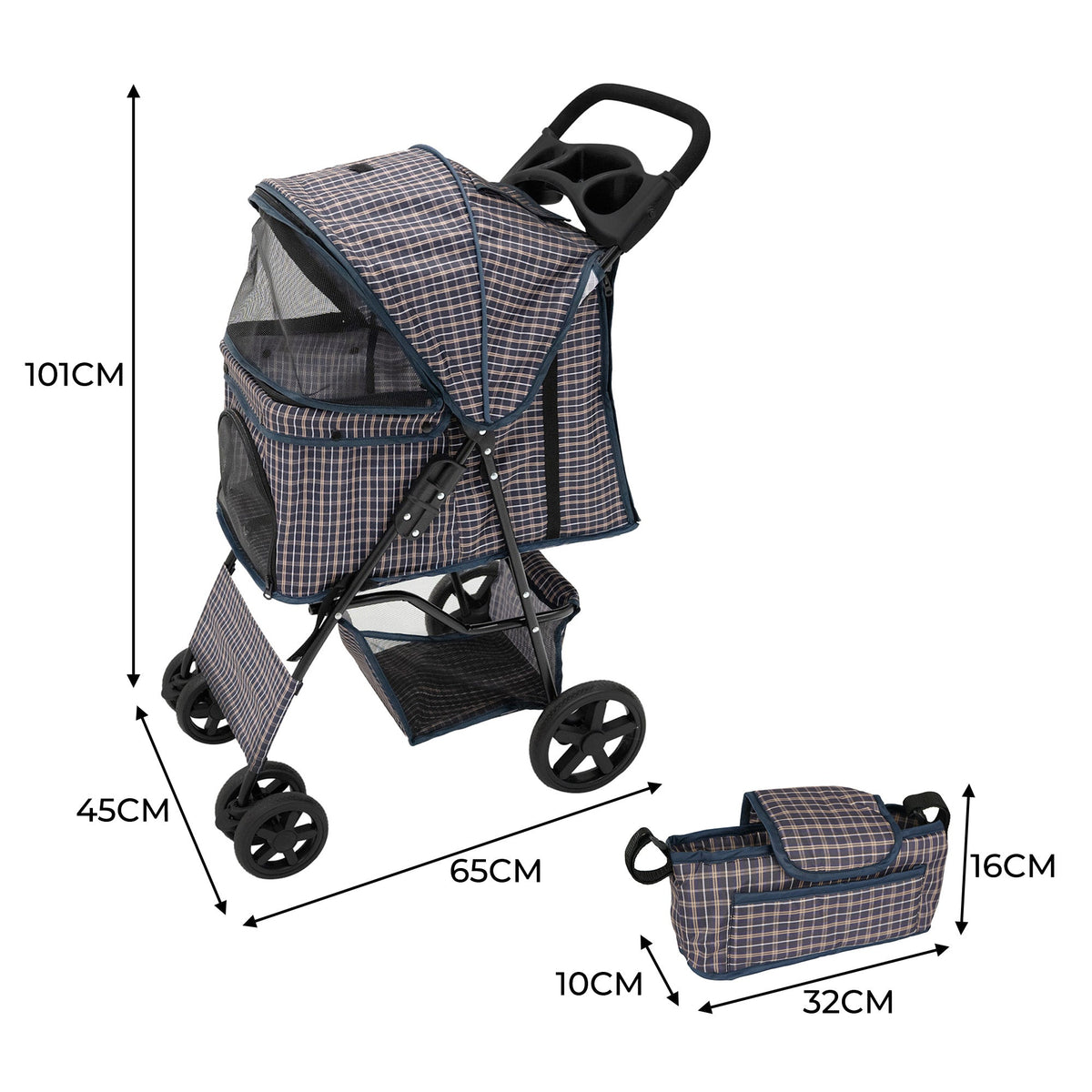 Pet Stroller with Rain Cover & Caddy Bag - Blue Tartan - Used - Acceptable