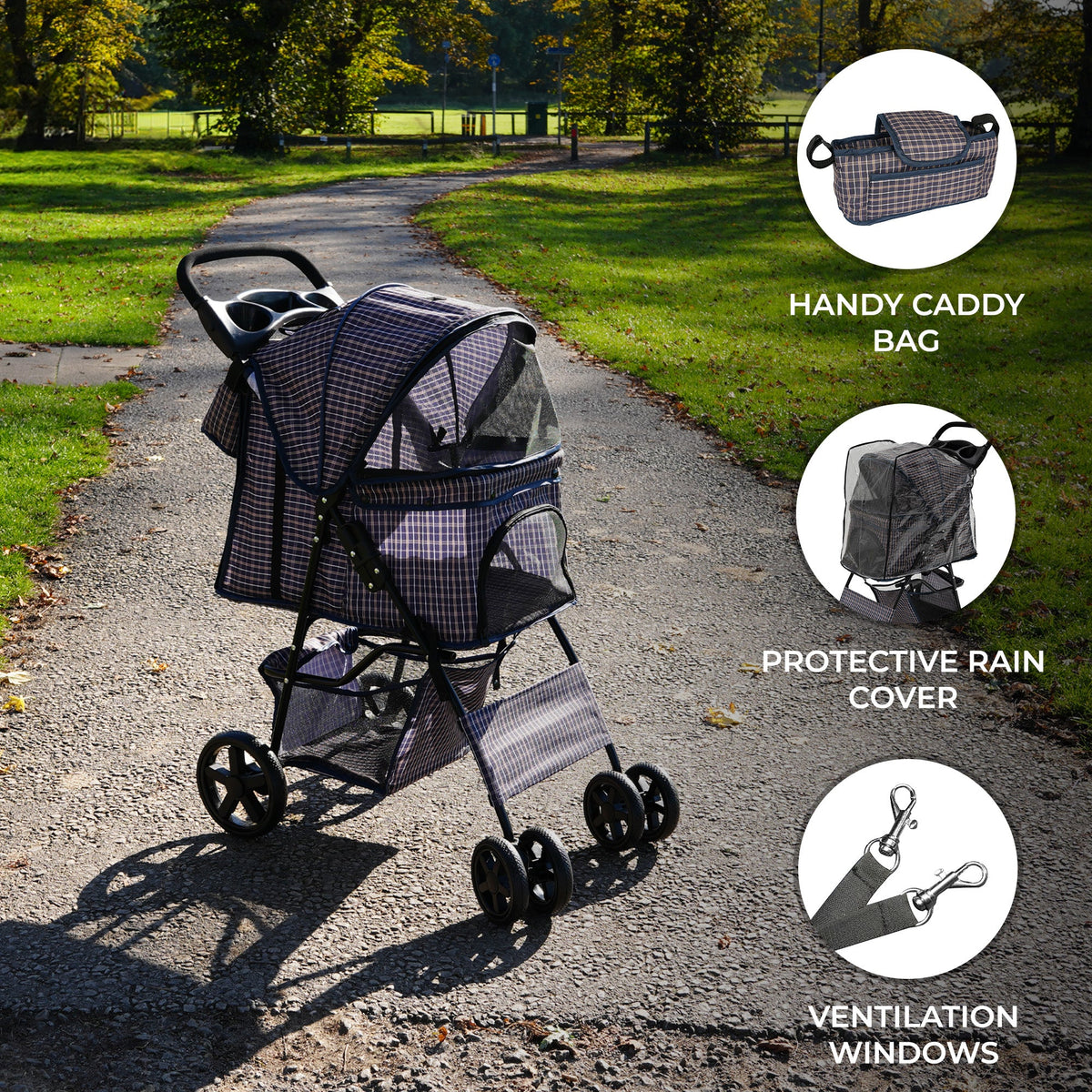 Pet Stroller with Rain Cover & Caddy Bag - Blue Tartan - Used - Good