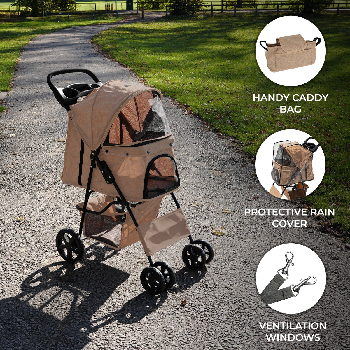 Pet Stroller with Rain Cover & Caddy Bag - Woven Beige - Used - Good