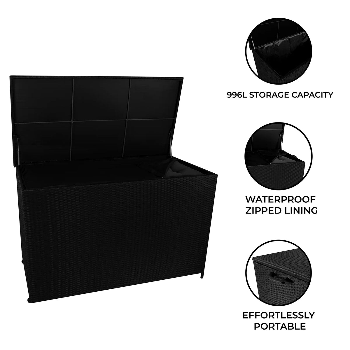 Rattan Cushion Storage Box 996L - Black - Like New