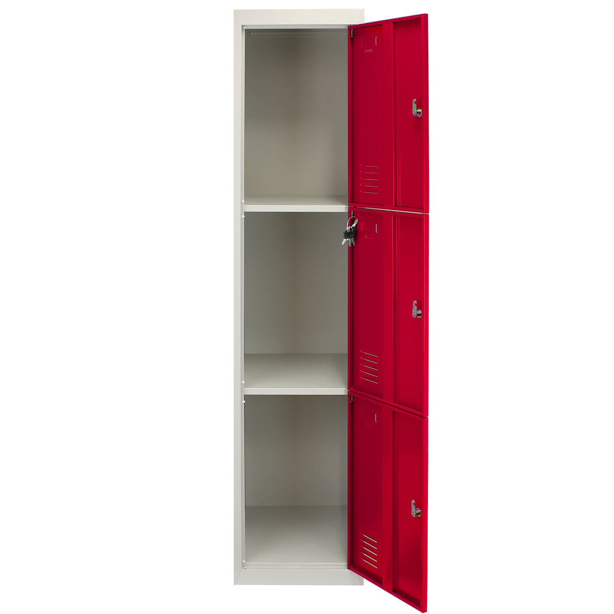 Metal Storage Lockers - Three Doors, Flatpacked, Red - Used - Acceptable