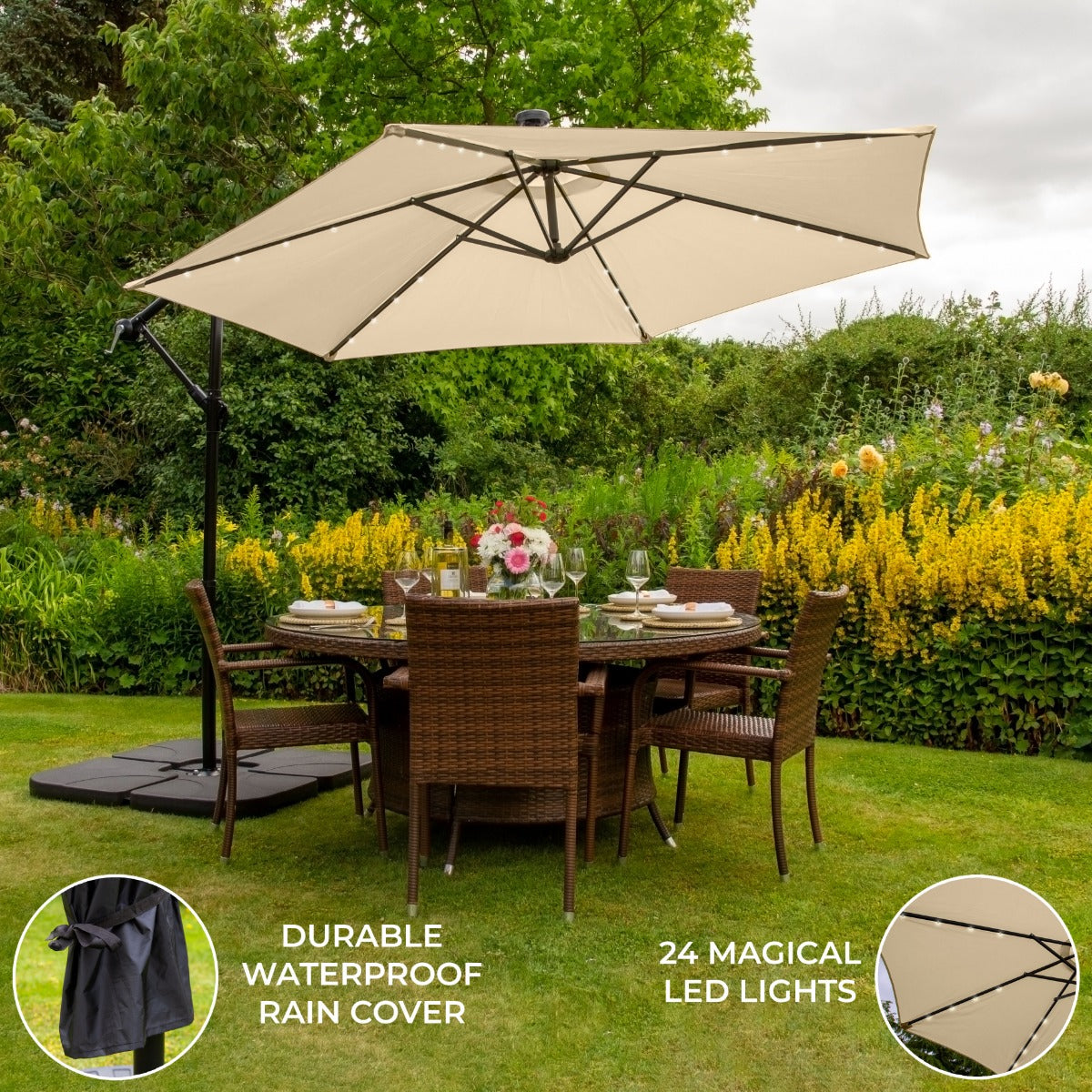 Beige 3m LED Cantilever Parasol With Plain Base - Used - Good