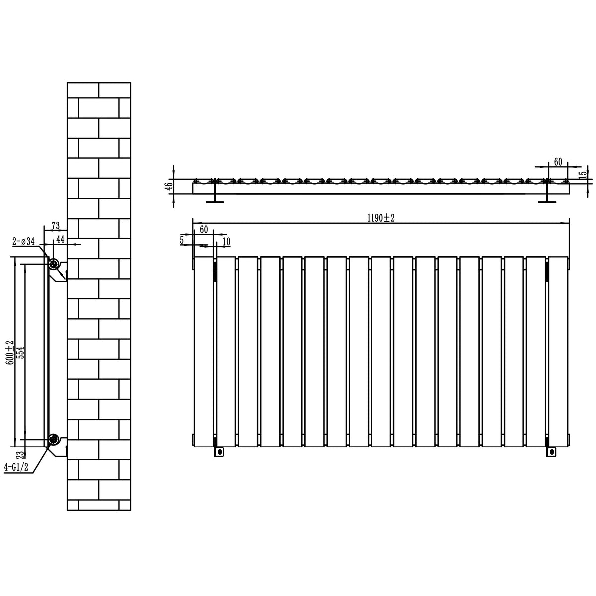 Flat Single Column Radiator - 600 x 1190mm - Anthracite Grey - Like New