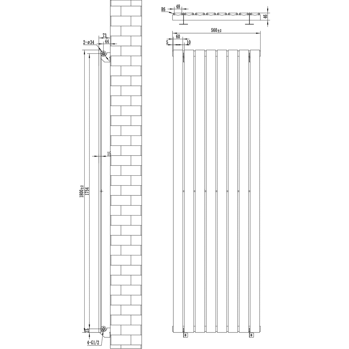 Flat Single Column Radiator - 1800 x 560mm - Black - Used - Good