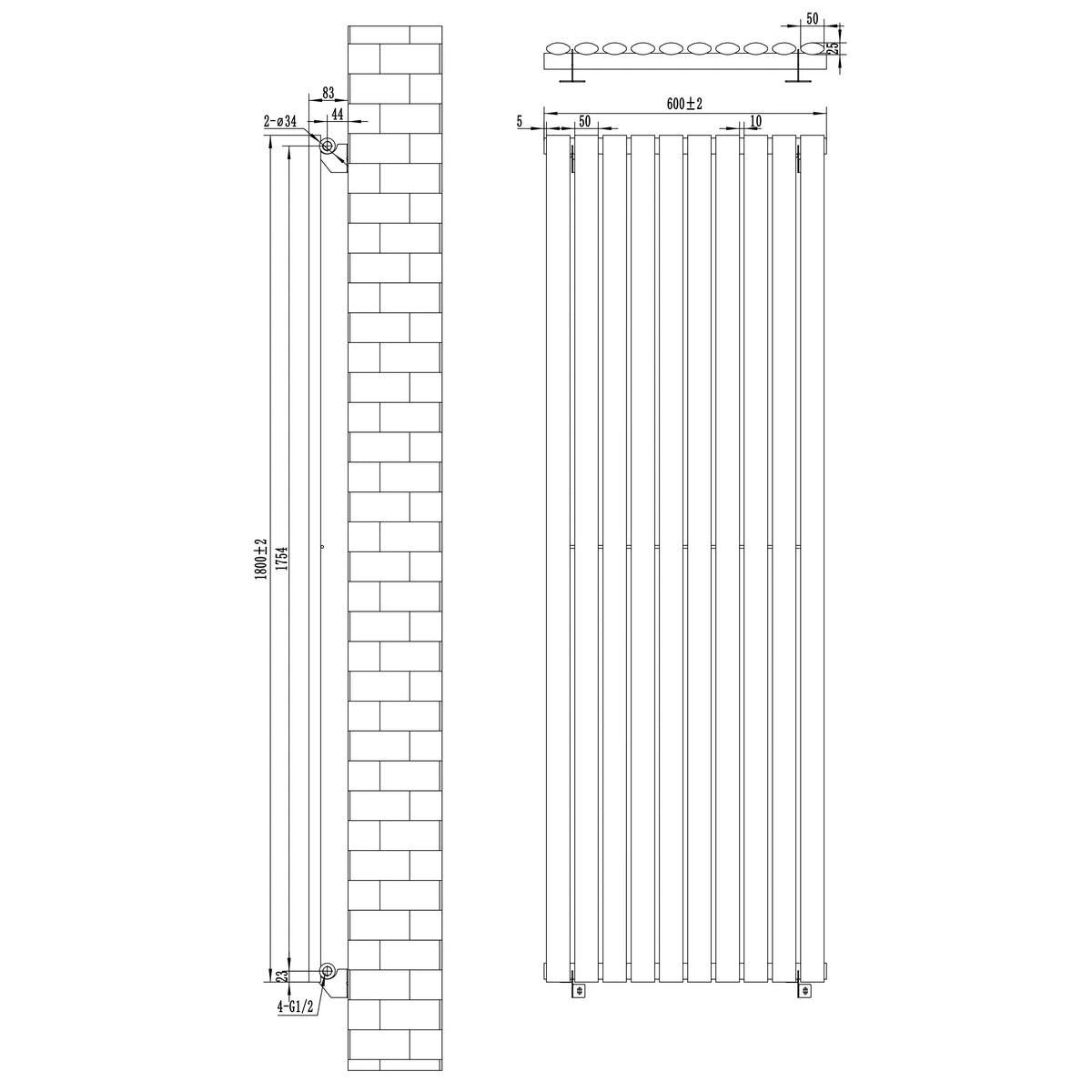 Oval Single Column Radiator - 1800 x 600mm - White - Like New