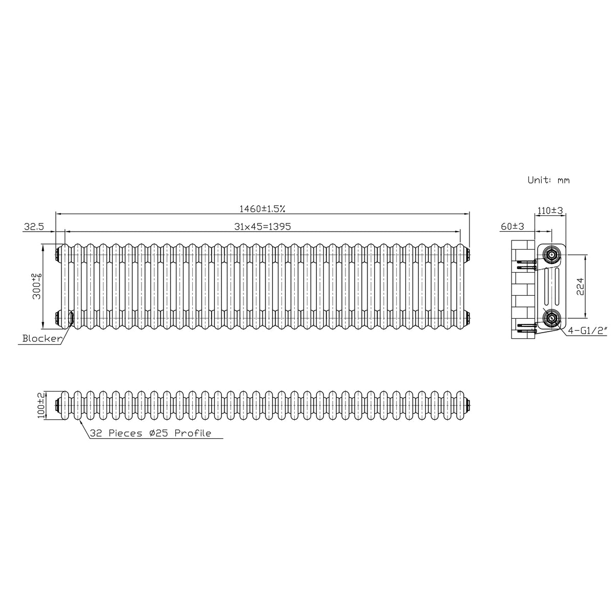 Traditional 3 Column Radiator - 300 x 1460mm - Raw Metal - Like New