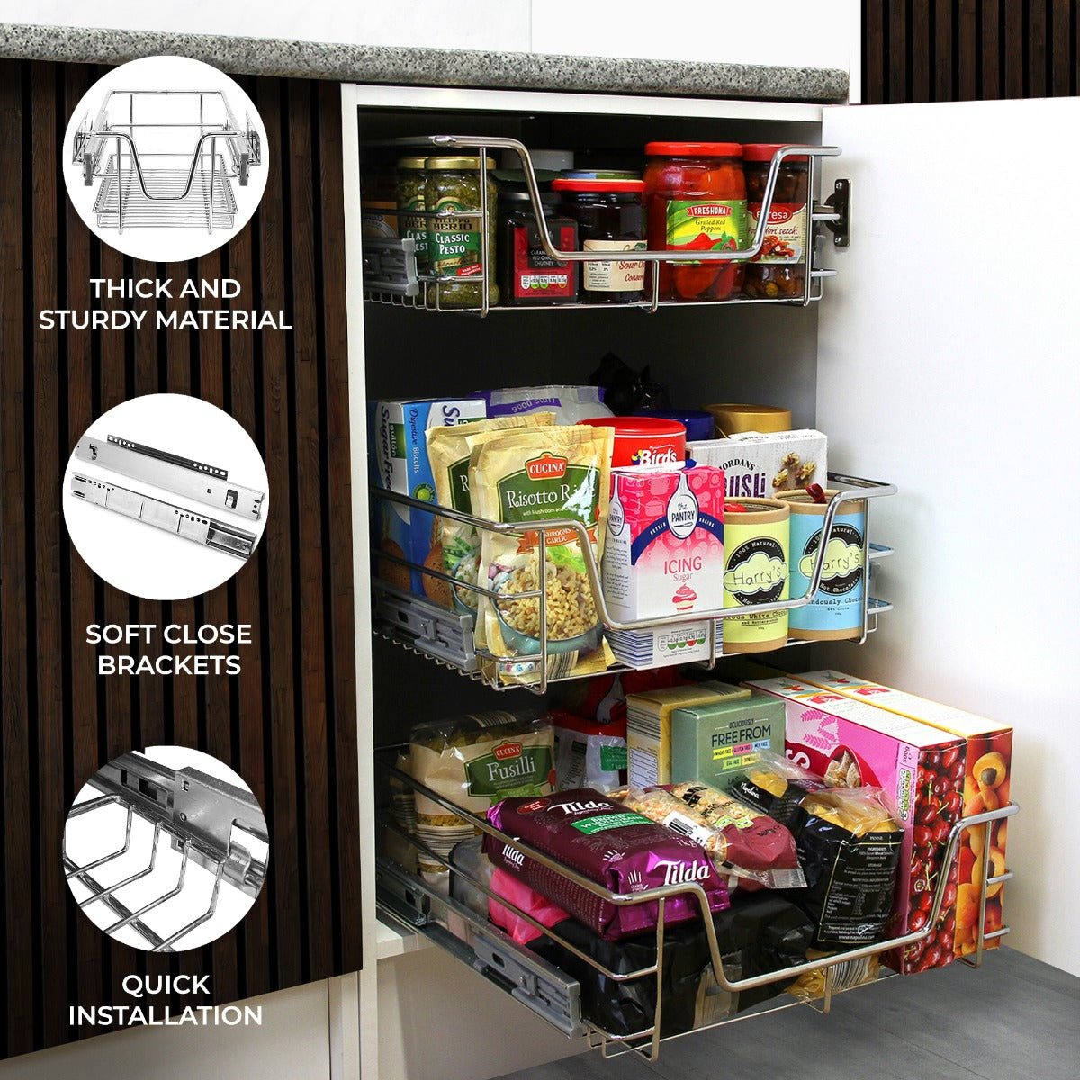 3 x KuKoo Kitchen Pull Out Storage Baskets – 500mm Wide Cabinet - Used - Acceptable