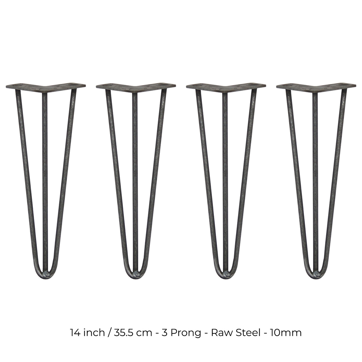 4 x 14" Hairpin Legs - 3 Prong - 10mm - Raw Steel - Like New