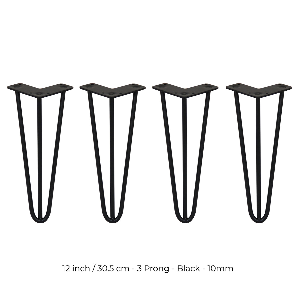 4 x 12" Hairpin Legs - 3 Prong - 10mm - Black - Like New