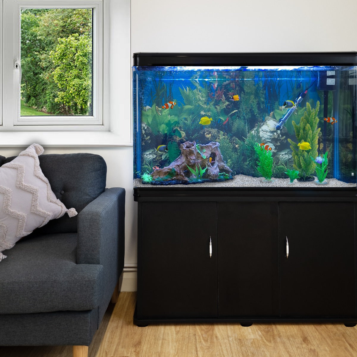 Aquarium Fish Tank & Cabinet with Complete Starter Kit - Black Tank & White Gravel - EU Plug - Like New