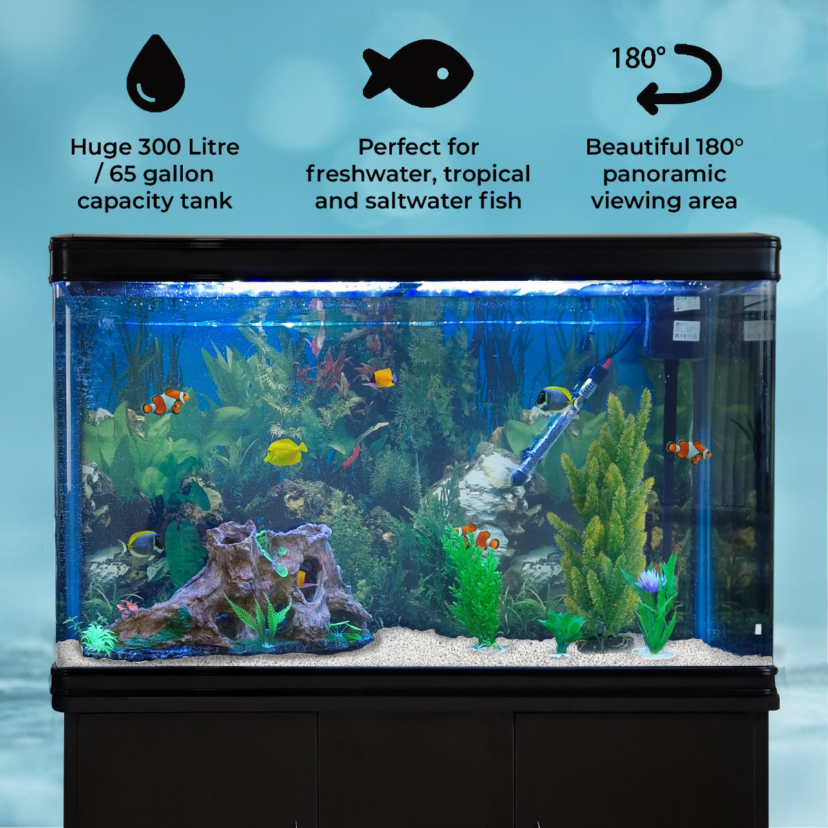 Aquarium Fish Tank & Cabinet with Complete Starter Kit - Black Tank & White Gravel - EU Plug - Like New