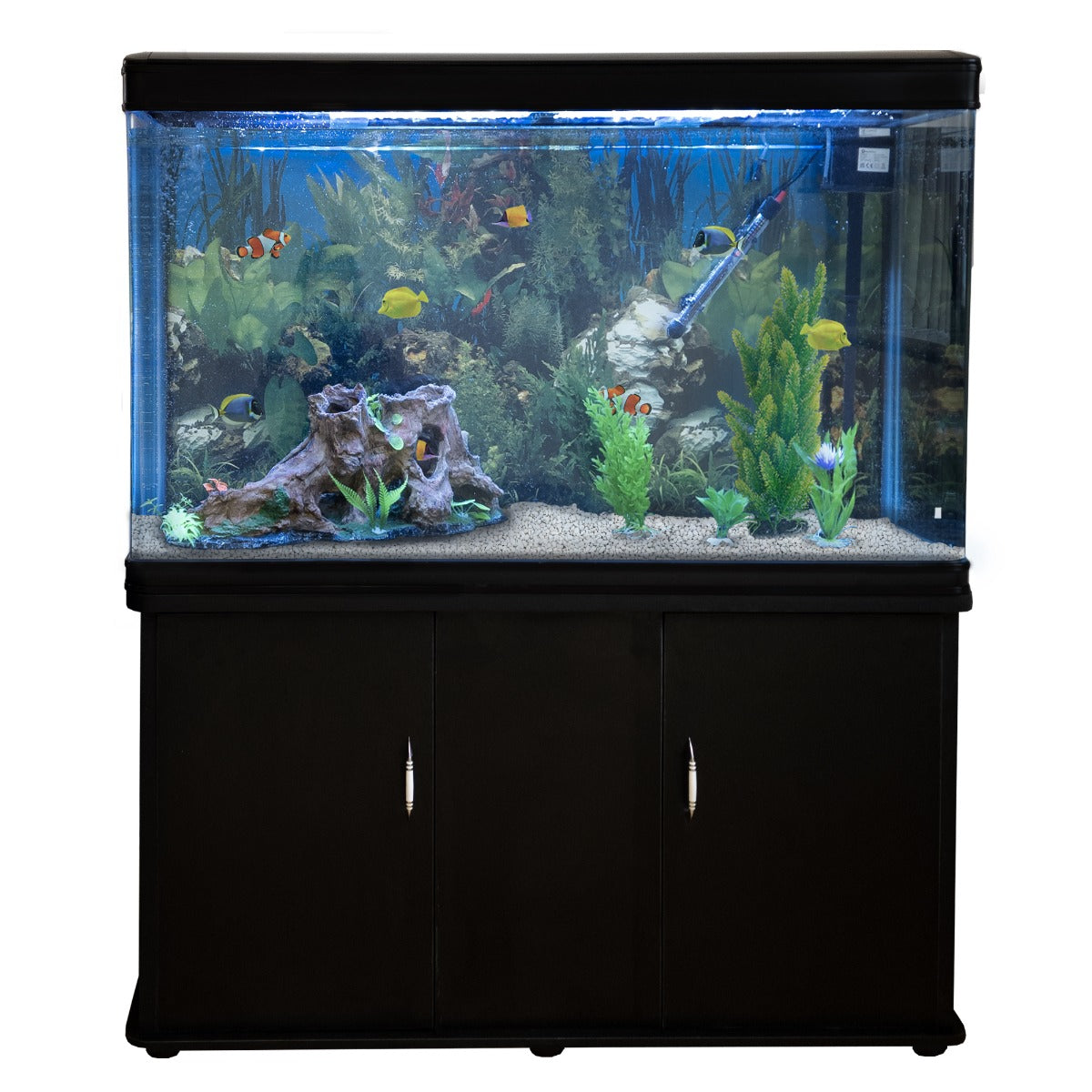 Aquarium Fish Tank & Cabinet with Complete Starter Kit - Black Tank & White Gravel - EU Plug - Like New