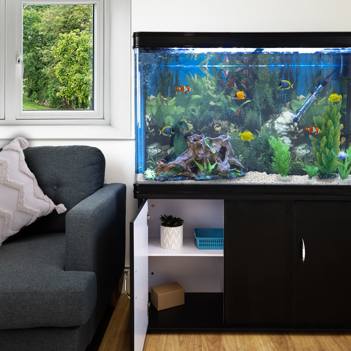 Aquarium Fish Tank & Cabinet with Complete Starter Kit - Black Tank & White Gravel - Like New
