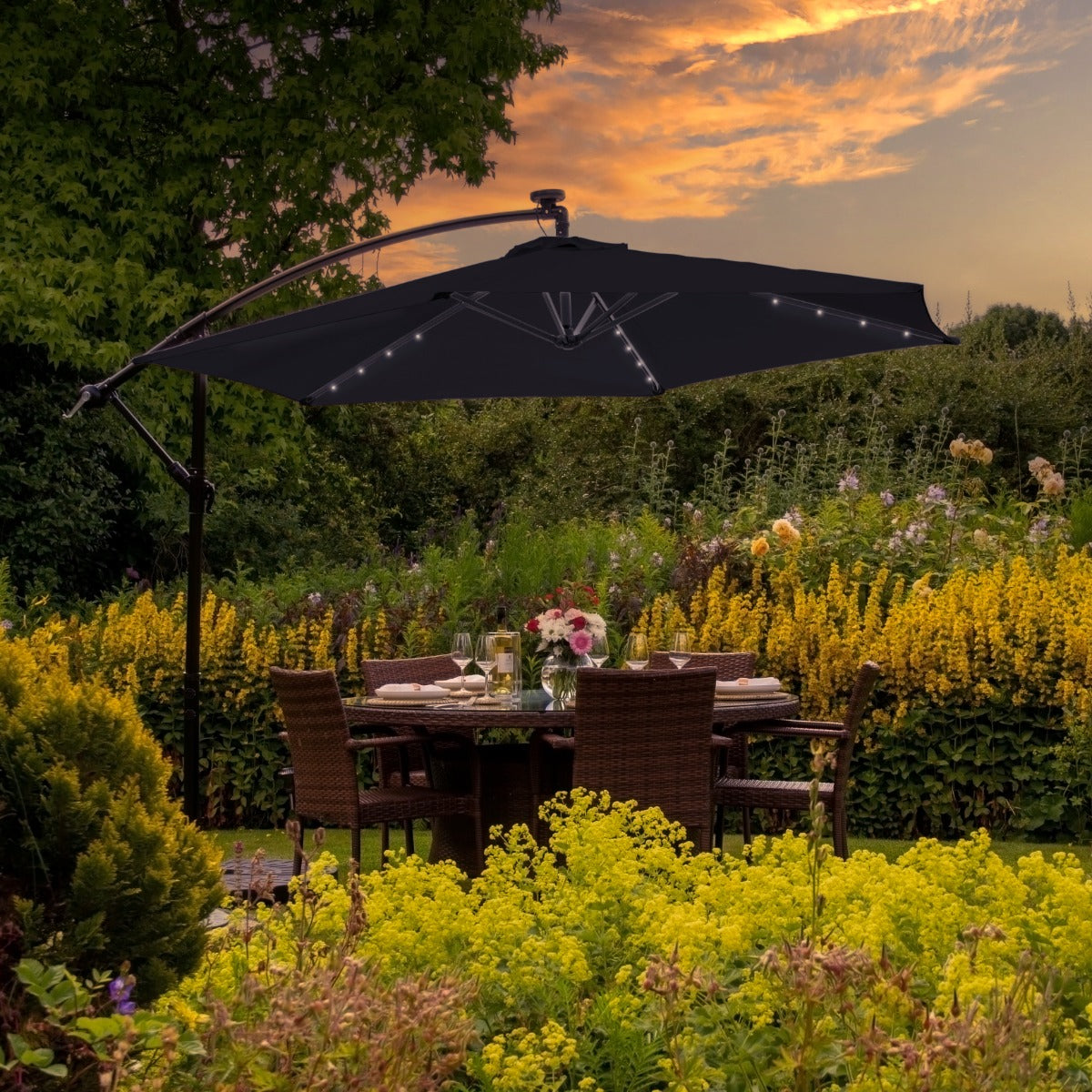 Black 3m LED Cantilever Parasol With Plain Base - Like New