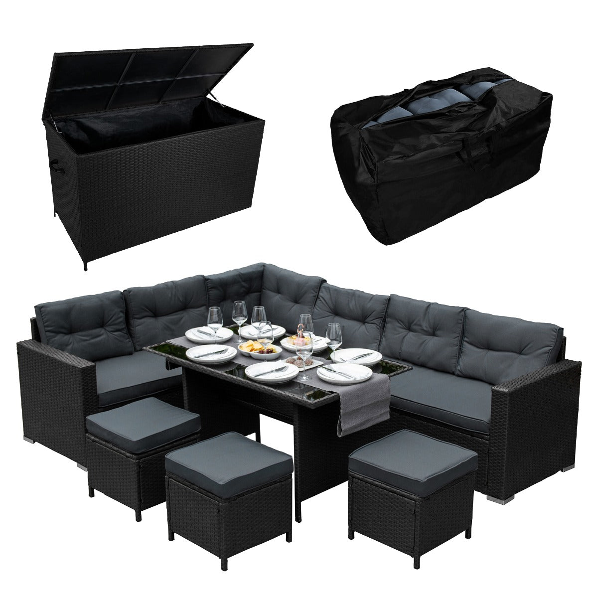 Rattan Corner Set & Cushion Storage Box - Black - Used - Good