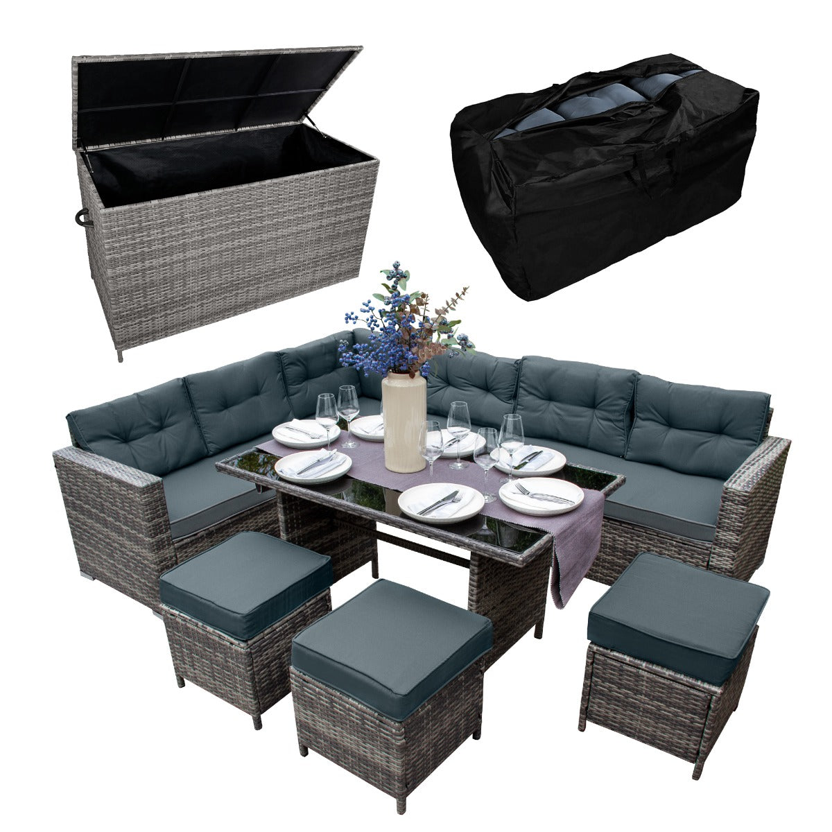Rattan Corner Set & Cushion Storage Box - Grey - Like New