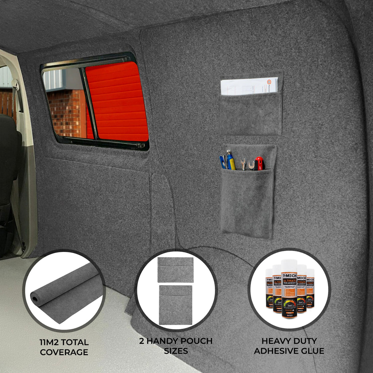 Smoke Grey Van Carpet Lining, Storage Pouches & Adhesive Glue - Used - Good