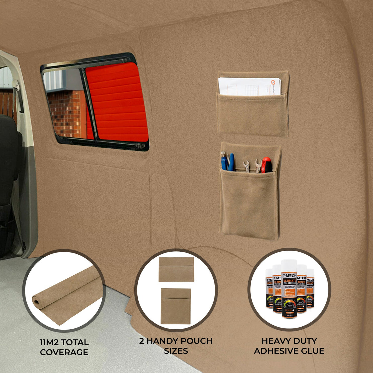 Beige Van Carpet Lining, Storage Pouches & Adhesive Glue - Like New