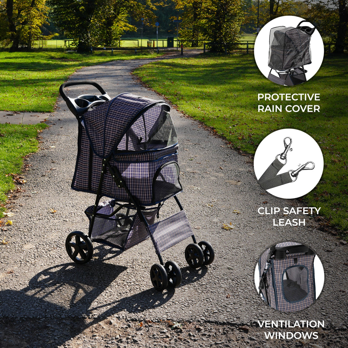 Pet Stroller with Rain Cover – Blue Tartan - Used - Good