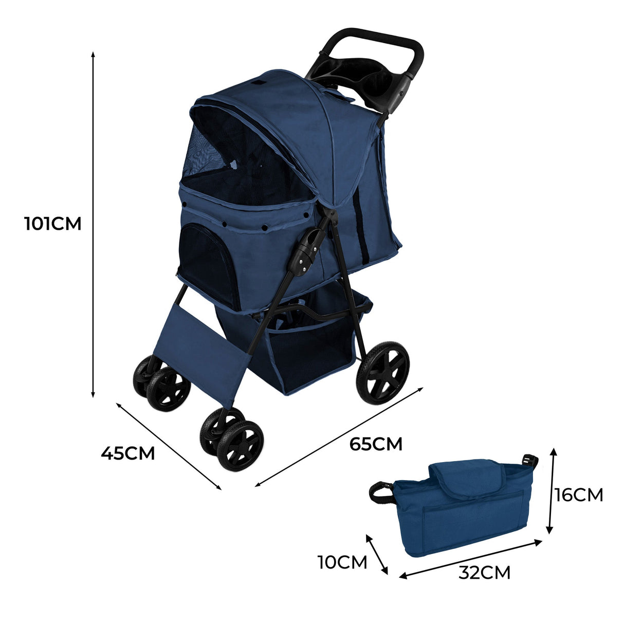 Pet Stroller with Rain Cover & Caddy Bag - Navy Blue - Like New