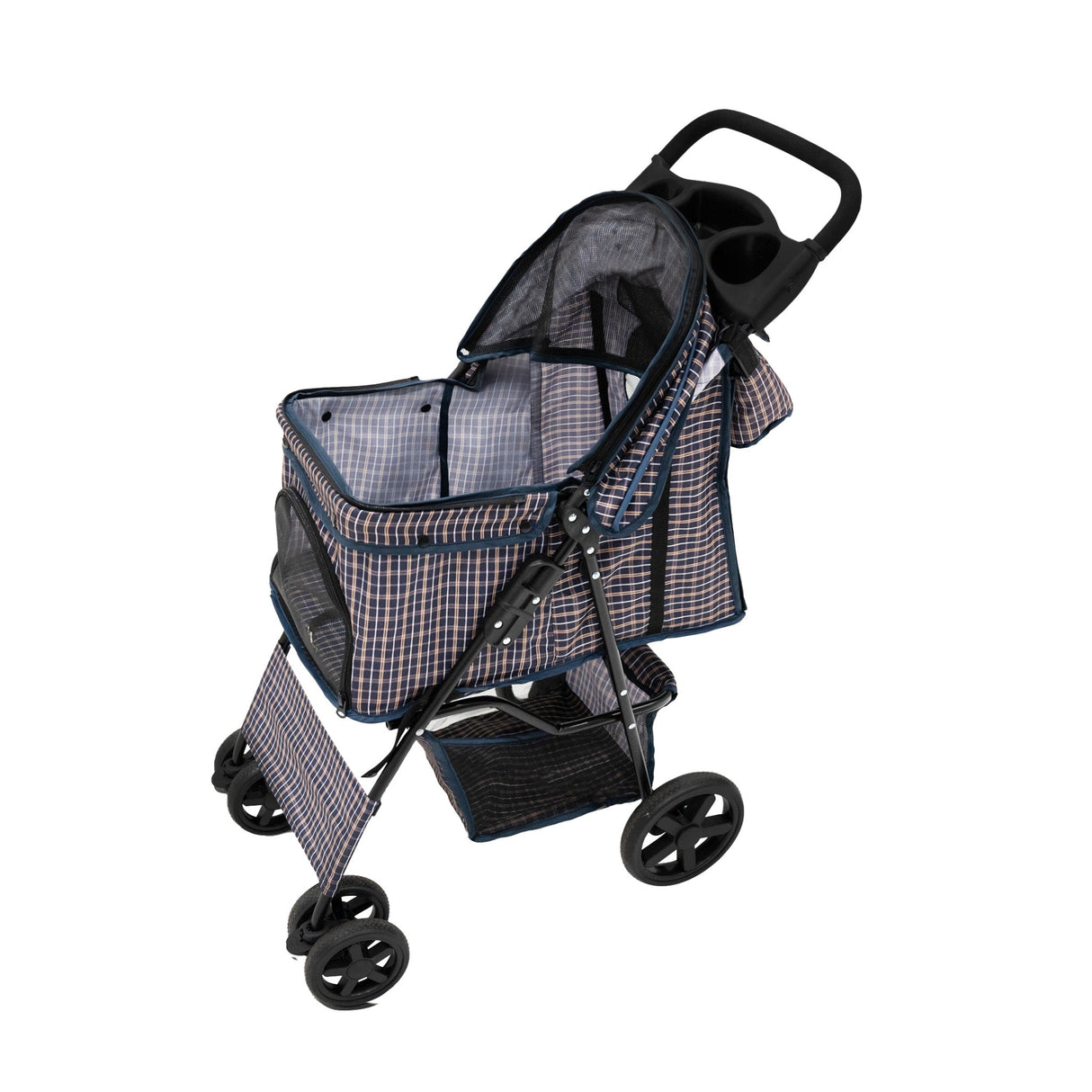 Pet Stroller with Rain Cover & Caddy Bag - Blue Tartan - Used - Good