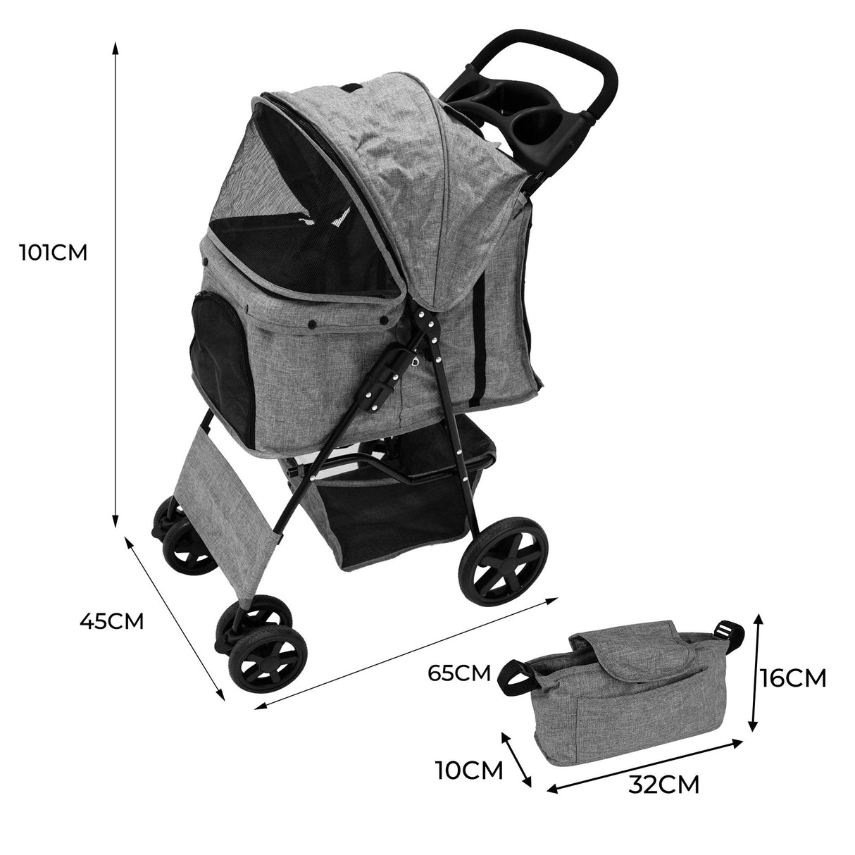 Pet Stroller with Rain Cover & Caddy Bag - Woven Grey - Used - Acceptable