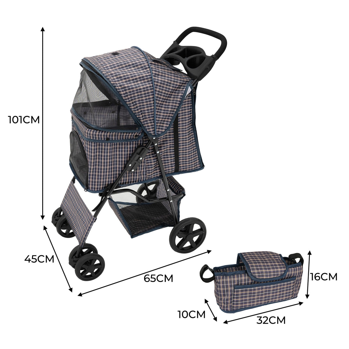 Pet Stroller with Rain Cover & Caddy Bag - Blue Tartan - Used - Acceptable