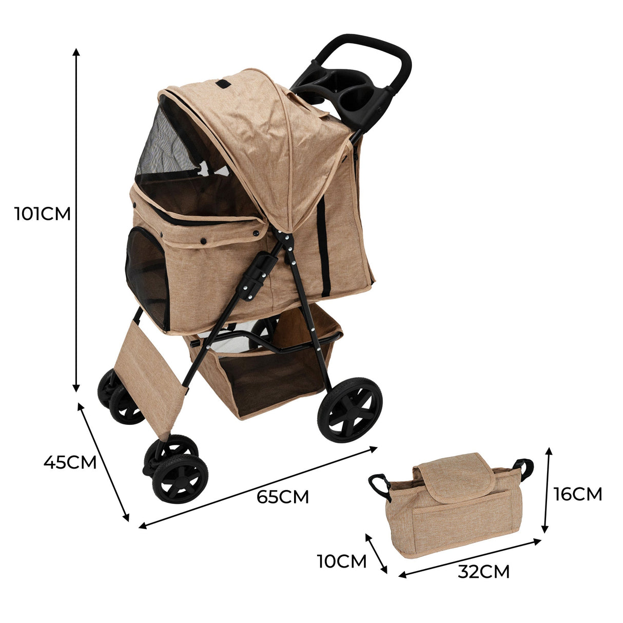 Pet Stroller with Rain Cover & Caddy Bag - Woven Beige - Used - Very Good