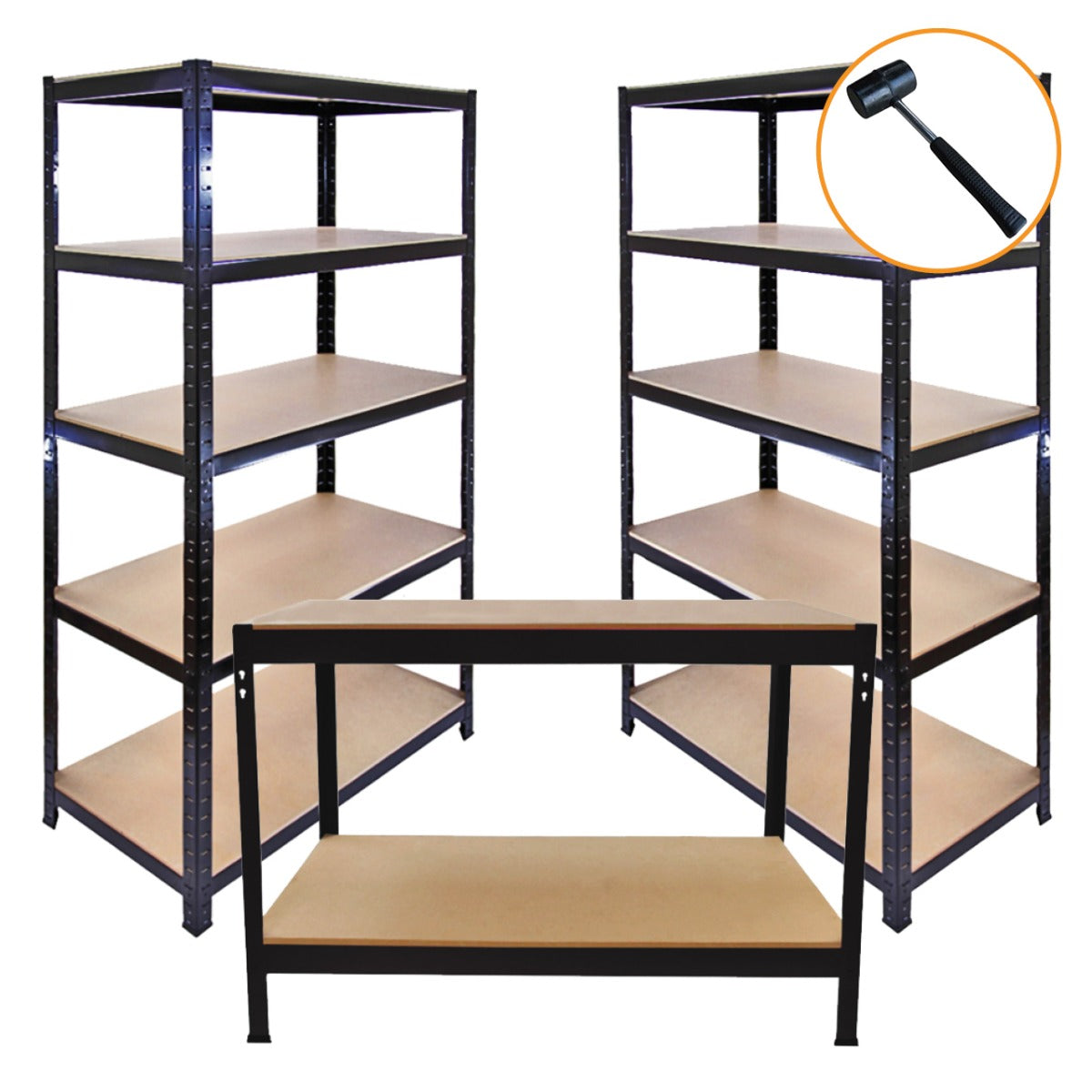 3 x 90cm T-Rax Black Metal Racking Units & Workbench - Used - Good