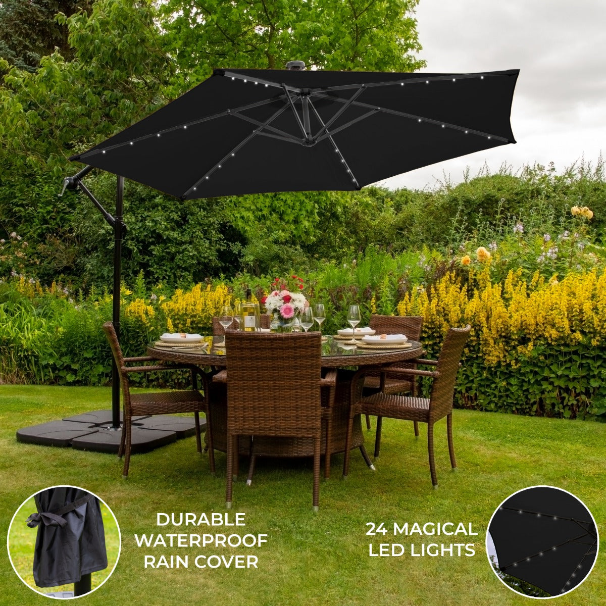 Black 3m LED Cantilever Parasol With Plain Base - Like New