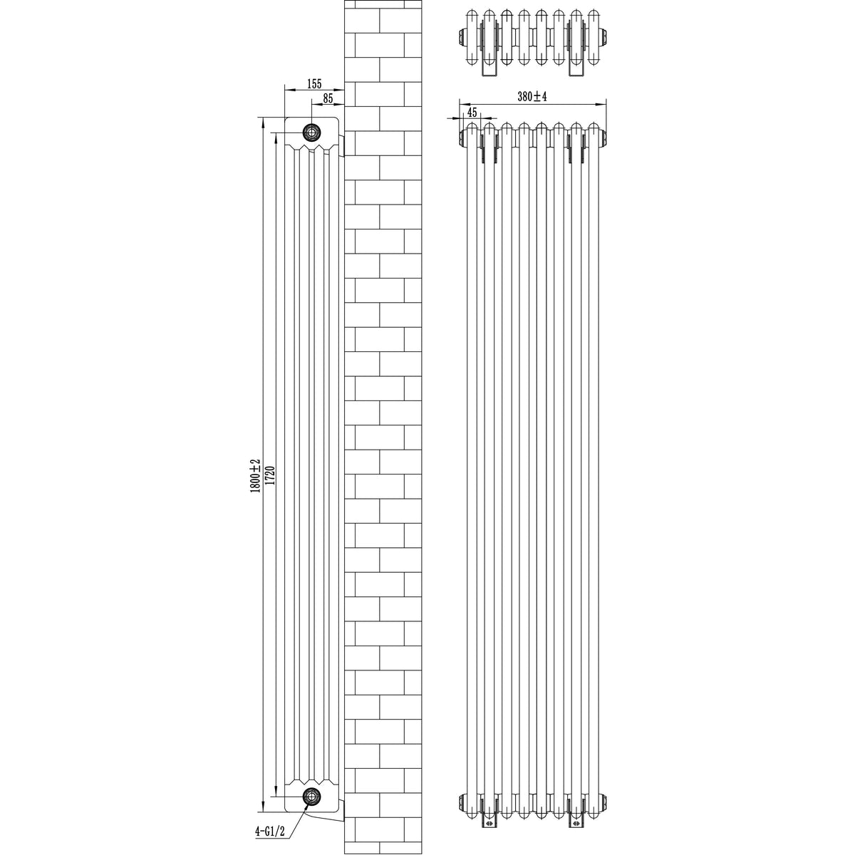 Traditional 4 Column Radiator & Valves - 1800 x 380mm - White - Used - Good