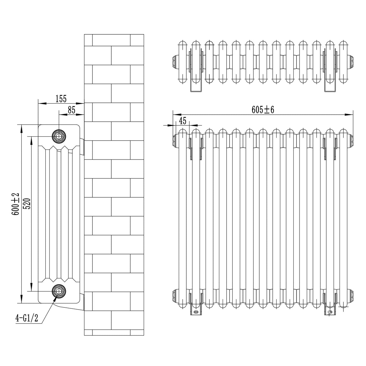 Traditional 4 Column Radiator - 600 x 605mm - Black - Like New
