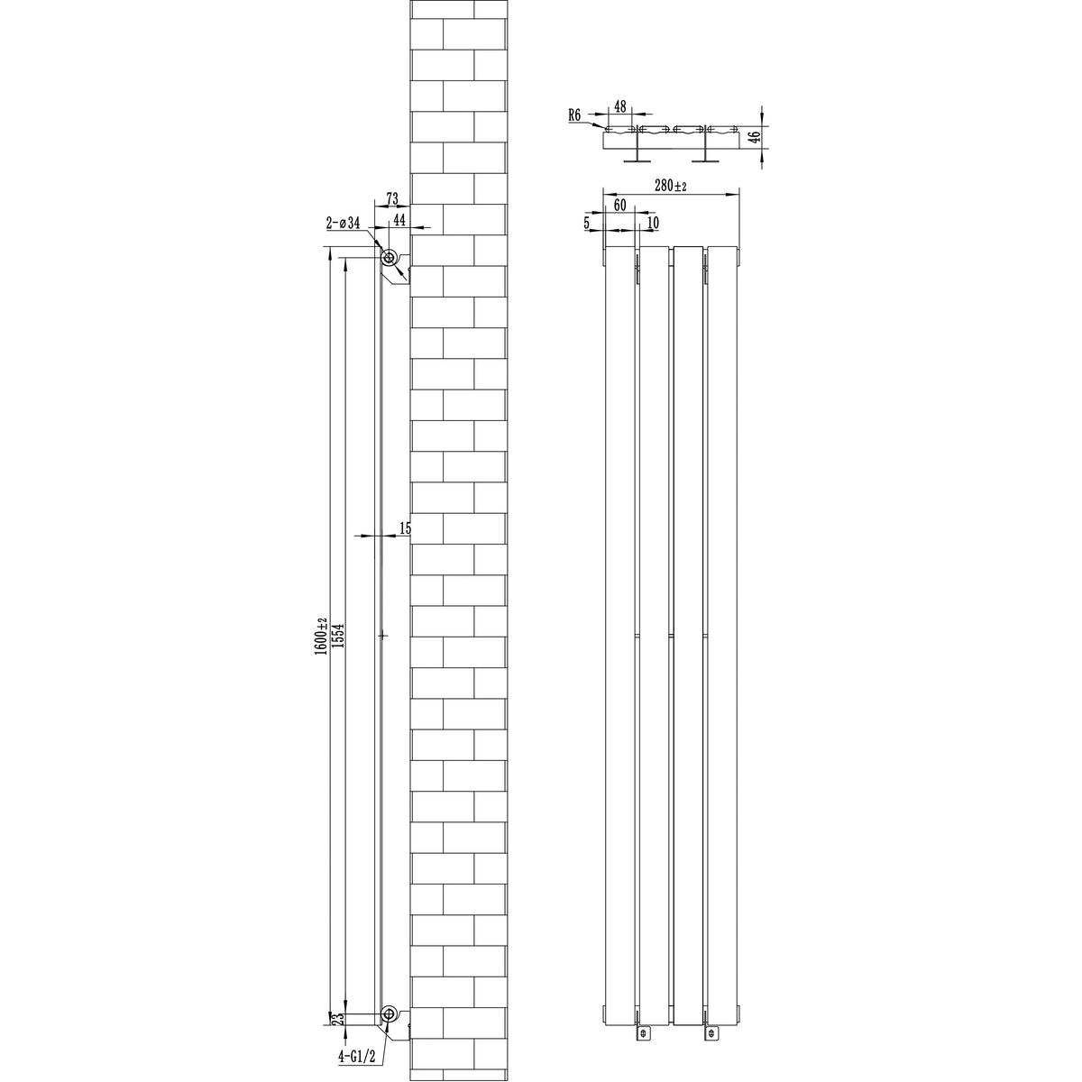 Flat Single Column Radiator - 1600 x 280mm - White - Used - Very Good