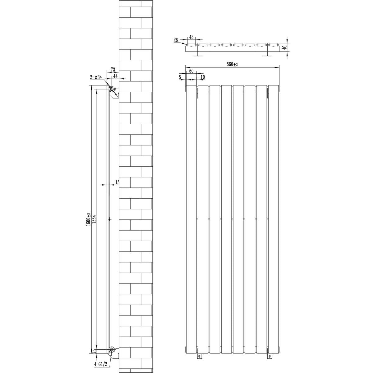 Flat Single Column Radiator - 1600 x 560mm - Black - Used - Good