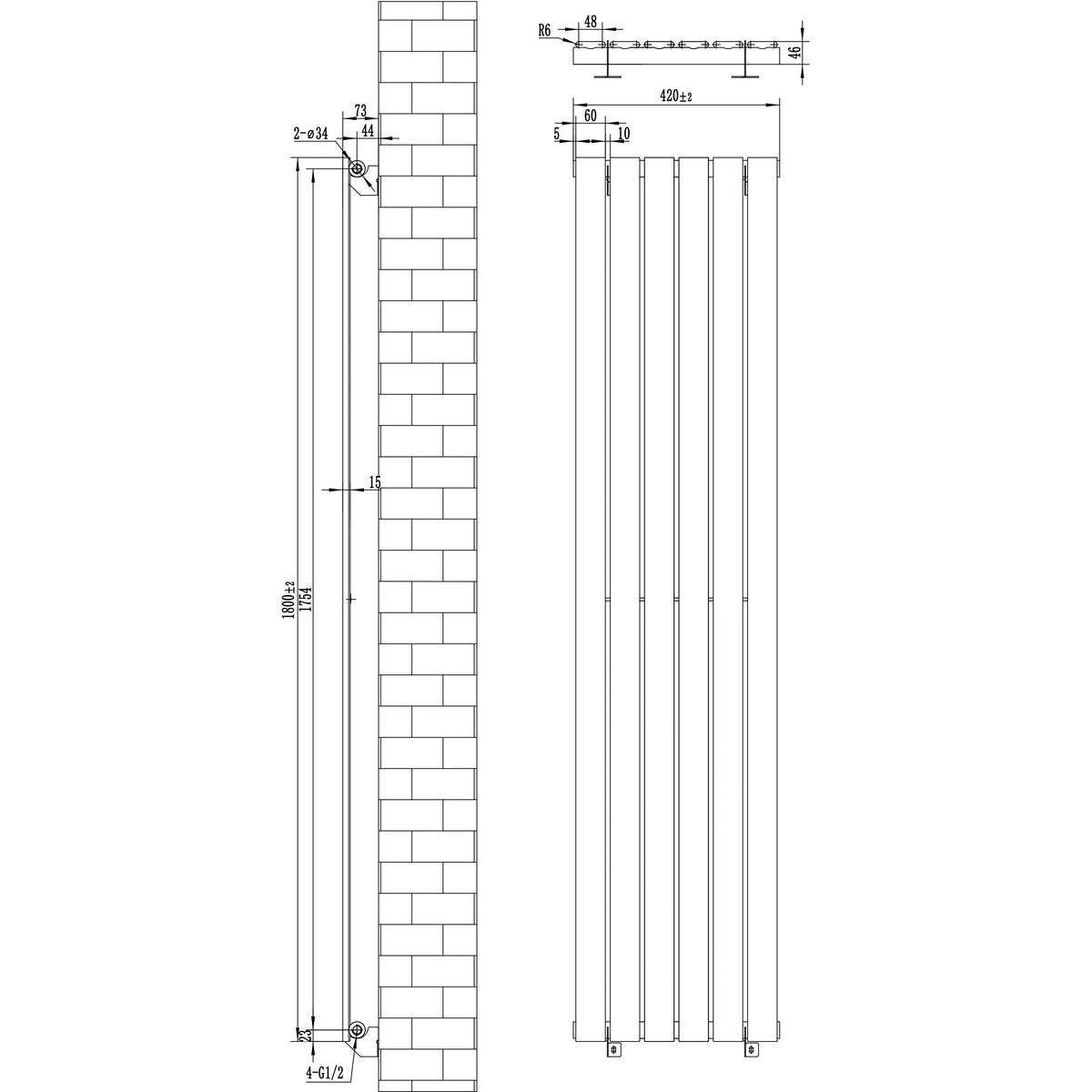 Flat Single Column Radiator - 1800 x 420mm - White - Used - Acceptable
