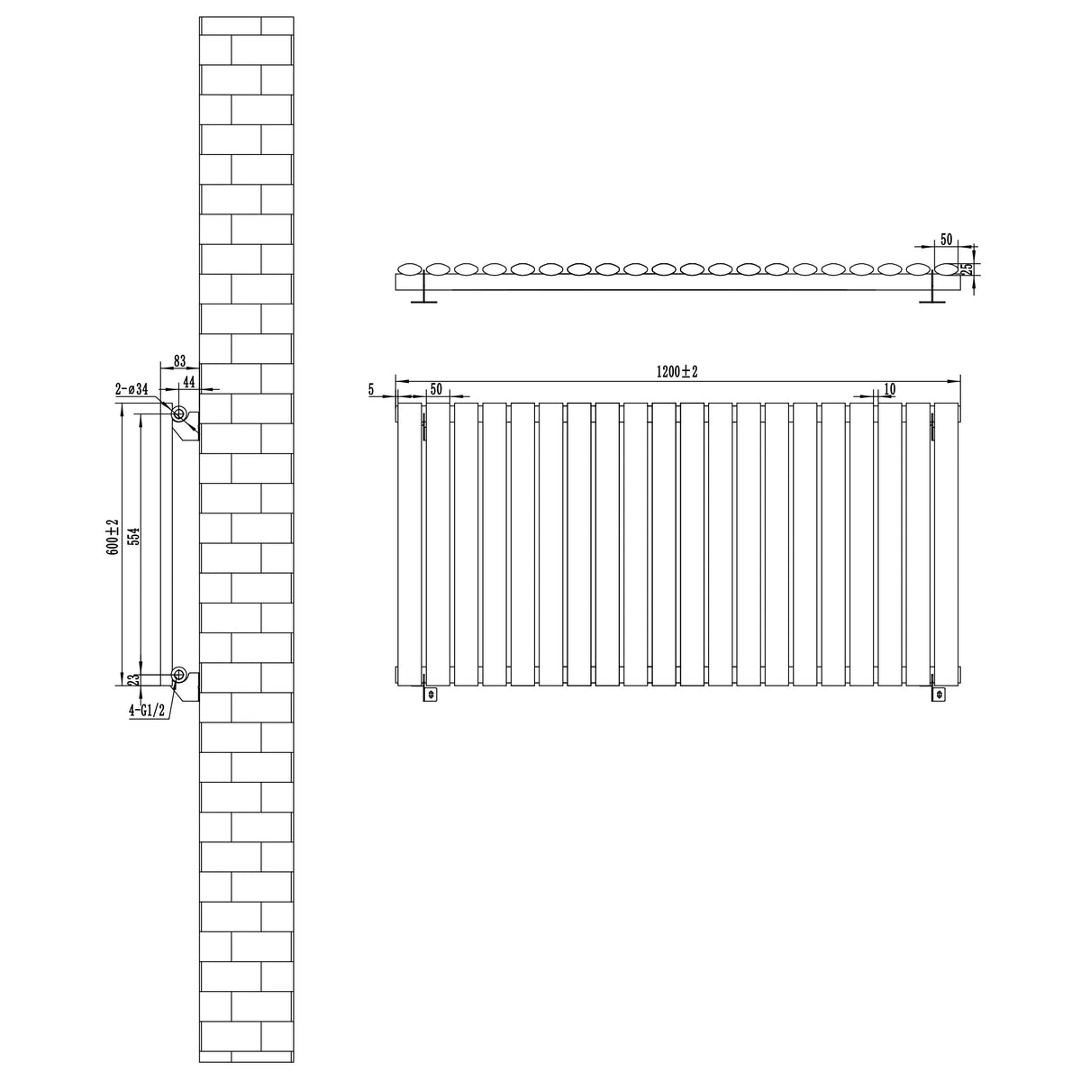 Oval Single Column Radiator - 600 x 1200mm - Black - Like New